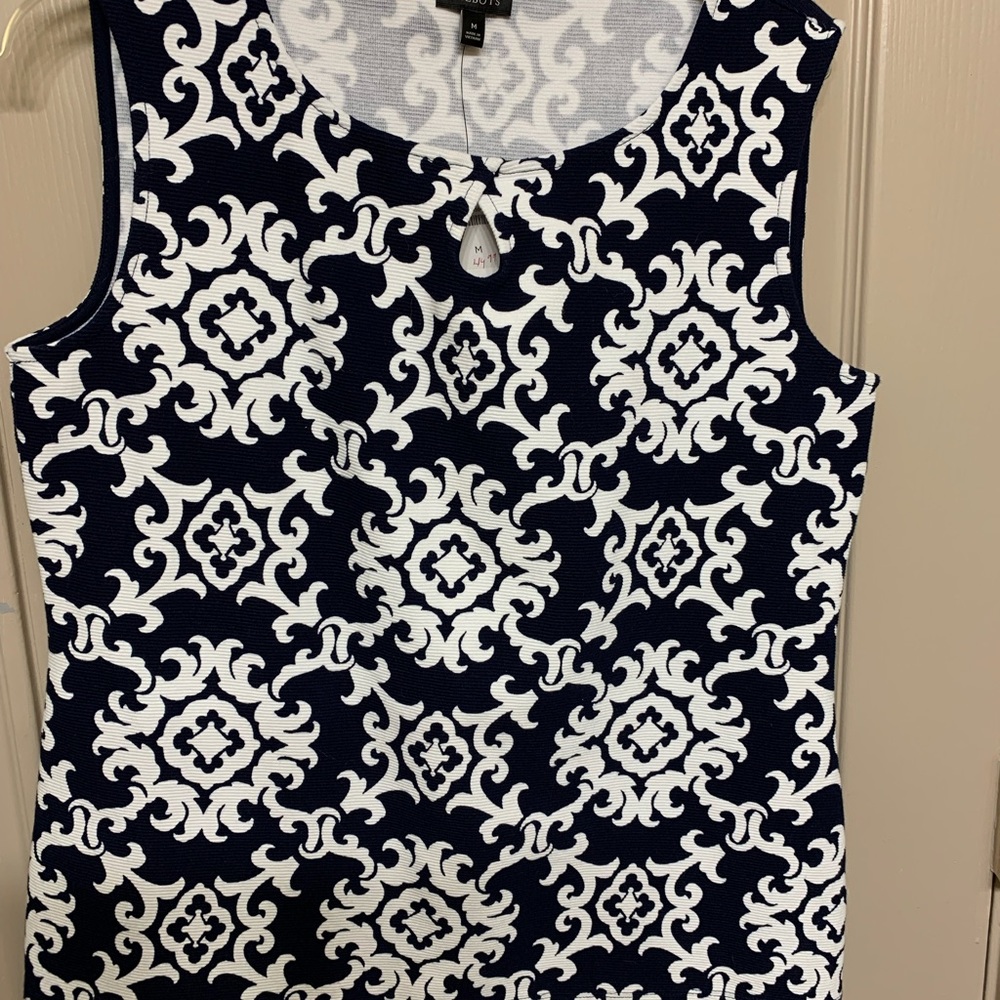 Navy & white sleeveless cotton blouse, keyhole design